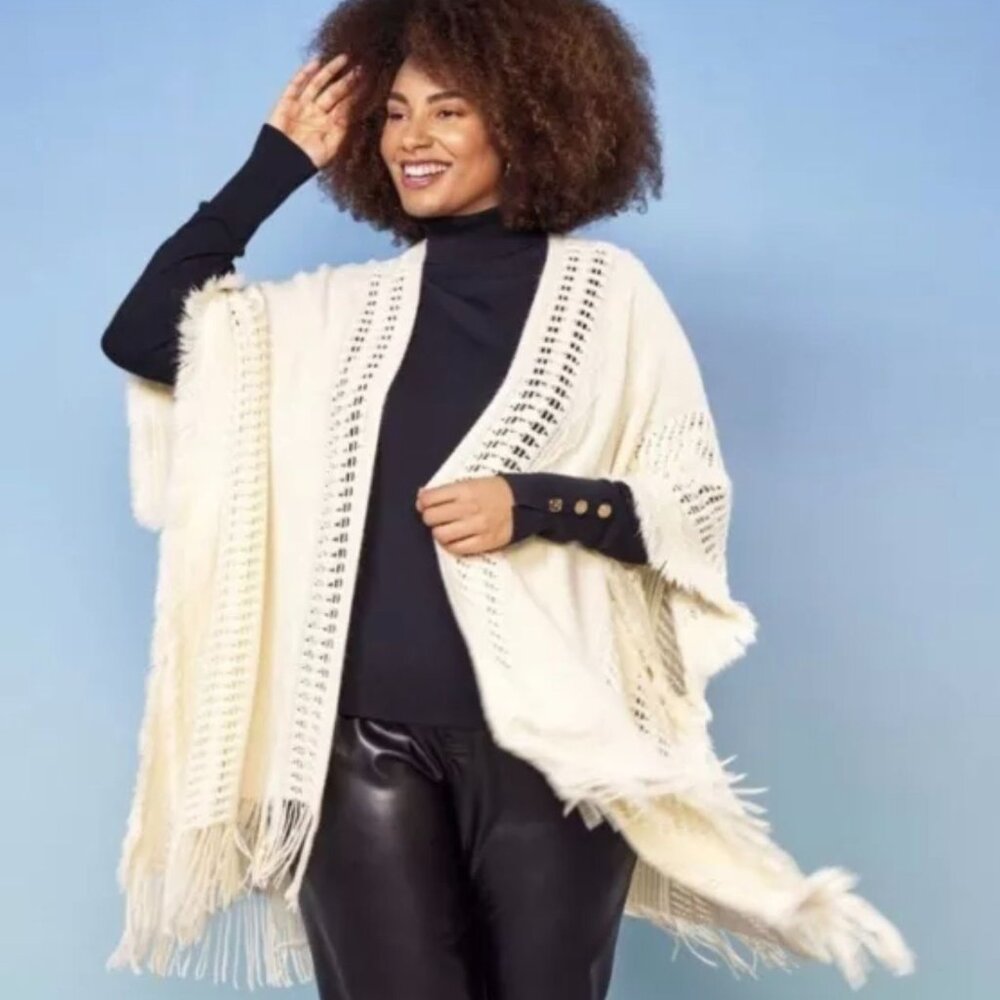 Womens Open‎ Front Knit Poncho With Fringe Hem In Cream, cardigan